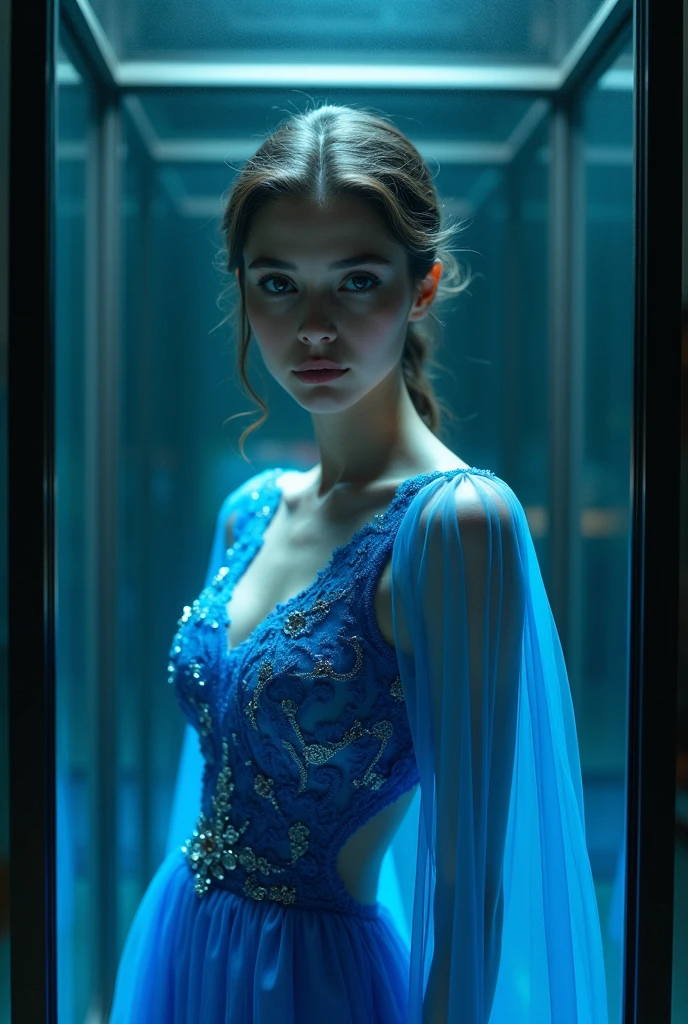 A woman in a blue dress, sitting in a glass case, beautiful detailed eyes, beautiful detailed lips, intricate details, photorealistic, 8k, ultra-detailed, highly realistic, dramatic lighting, moody color palette, cinematic, atmospheric, surreal, elegant, glass enclosure, museum display, high-end fashion, dramatic pose