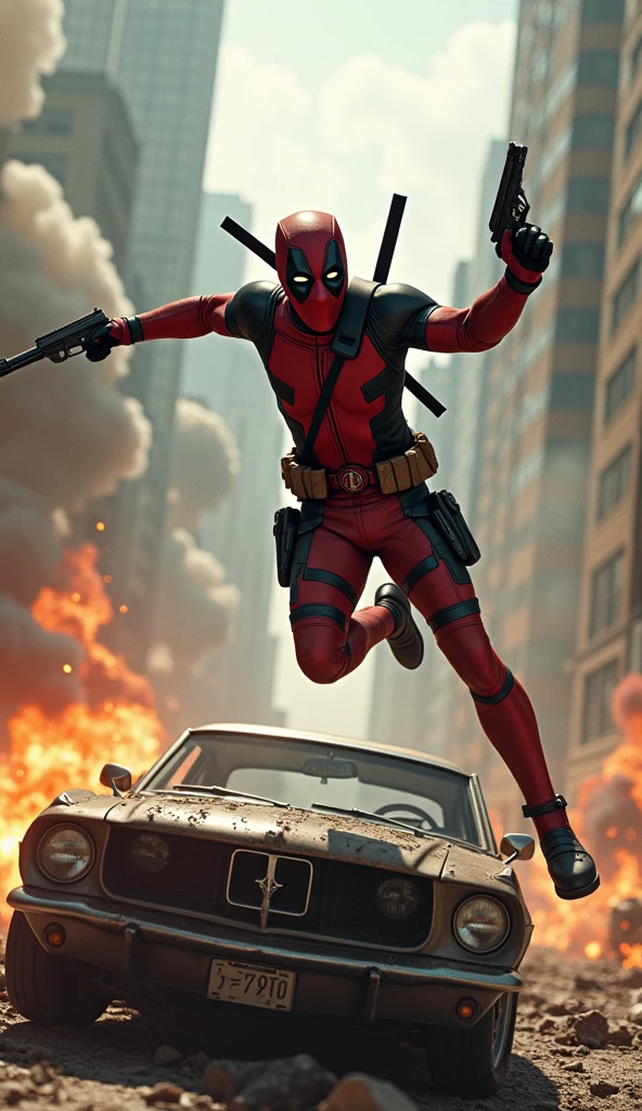 Photorealistic Super attractive Deadpool in a gunfight, vaulting over a car. Explosions in the background with dust and buildings destroyed.