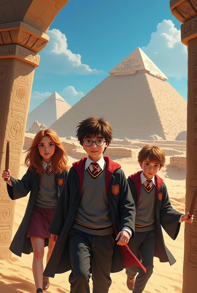 Harry potter Hermione et Ron en Égypte avec les pyramides et le pharaon.