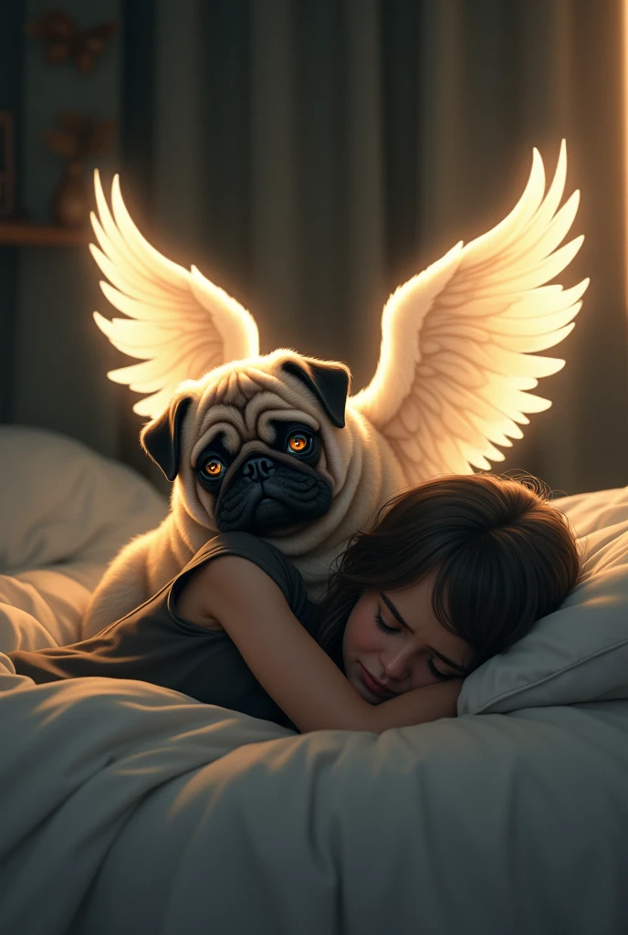 A pug dog with angel wings Happy, looked at an adult woman in a black blouse crying in bed sadly
