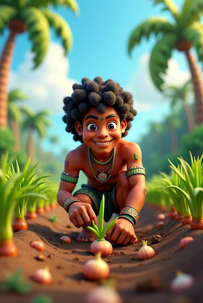 Brazilian Indian planting onion in 3D cartoon