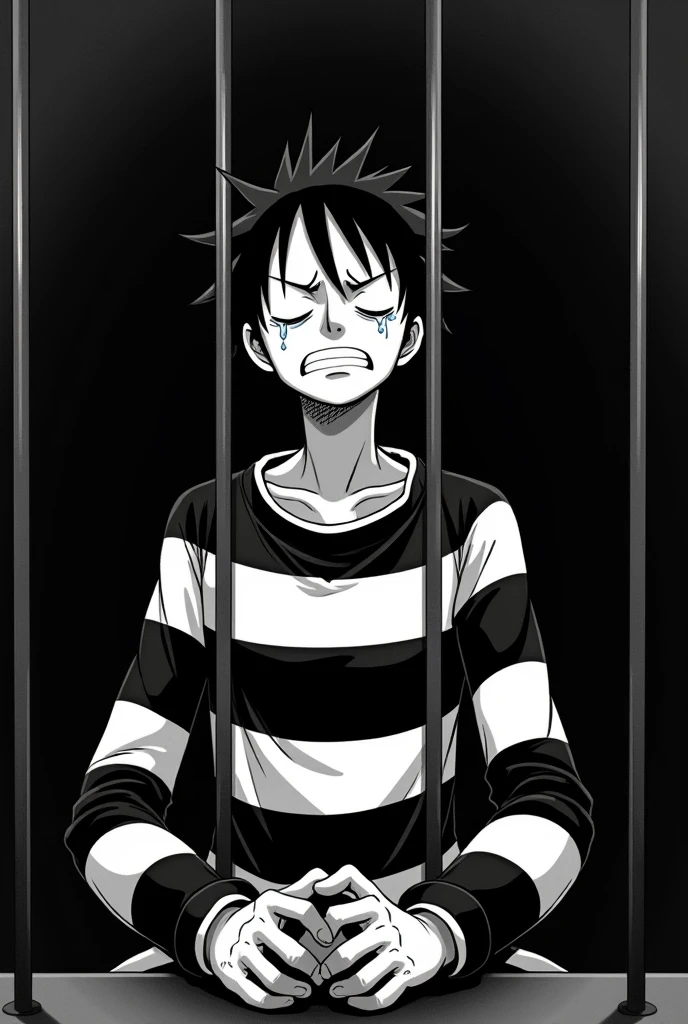 Monkey D. Luffy in a black and white striped long sleeve prison uniform with his eyes closed teary and crying inside a jail 