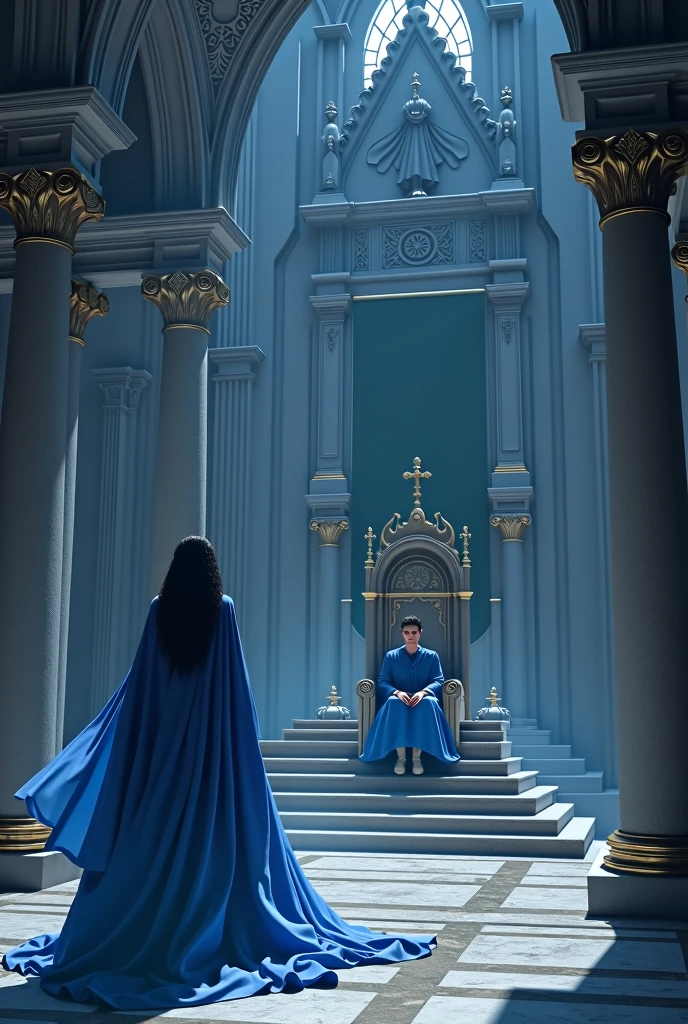 Woman in blue dress with cape is walking through the room to the throne in a beautiful castle the king is in pain in front of the throne at the altar with a blue outfit
