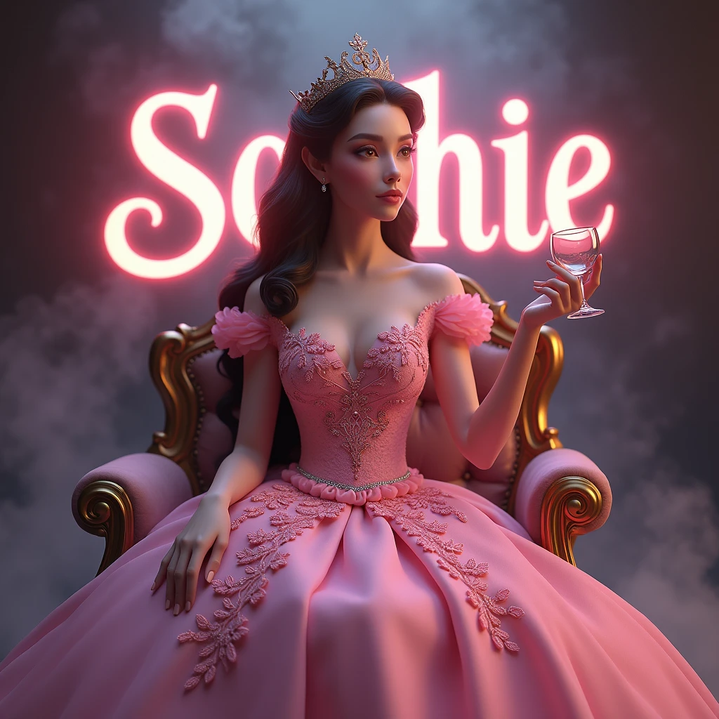 Create a disney princess avtar full body image where a woman wearing pink luxury princess dress and sitting on king size chair with crown 👑, she's holding a 🍷 wine glass in her hand, there is smoke in background a shadow. In background the name "sophie" bold and glowing, showing in bold reflection in shadows.