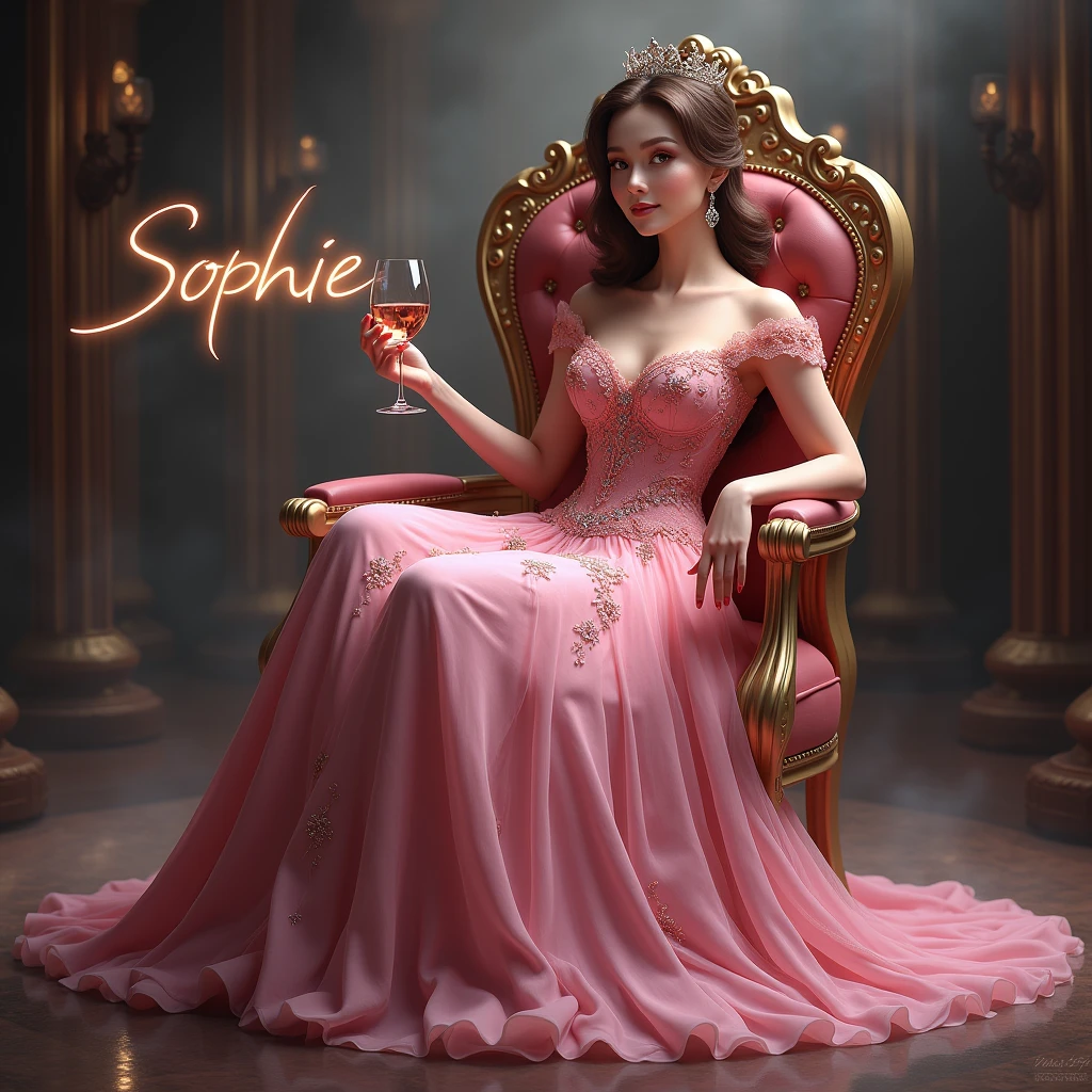 Create a disney princess avtar full body image where a woman wearing pink luxury princess dress and sitting on king size chair with crown 👑, she's holding a 🍷 wine glass in her hand, there is smoke in background a shadow. In background the name "sophie" bold and glowing, showing in bold reflection in shadows.
