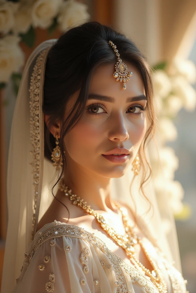 A sexy tall bangladeshi whitish girl wearing white coloured lehenga with varies design standing in a wedding programme.Her forehead contain a tikli. Looking was romantic. 