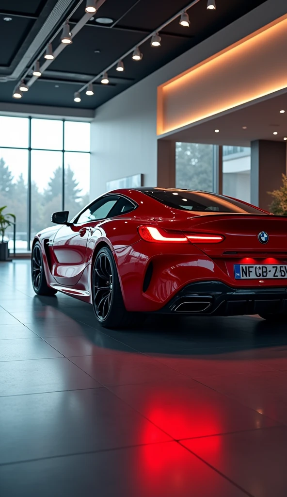 BMW car, sport mode, red lights on, reflective body, inside the showroom