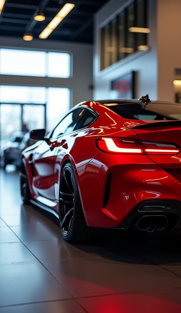 BMW car, sport mode, red lights on, reflective body, inside the showroom
