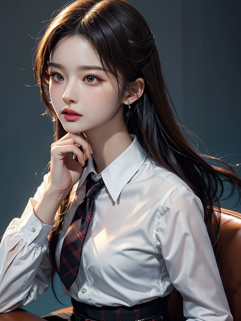 ,exposed, 큰 chest, 젖어서 chest이 보이는 흰색 shirt, masterpiece, best quality, whole body, 1 woman, forehead, black choker, black necktie, blond hair, panties, blush, bracelet, chest, choker, clothes approximately waist, clavicle, collared shirt, dress shirt, ear piercing, eyebrows visible through hair, gradient hair, 이를 드러내고 laugh, fix, bijouterie, Kogal, long hair, looking at viewer, loose necktie, necktie, piercing, plaid, plaid skirt, pleated skirt, red eyes, ring, , shirt, skirt, laugh, alone, sky, sitting on a chair inside a cafe,illustration, (Magazines:1.3), (sheathe-style:1.3), fashionable, female, vibrant, outfit, posing, front, fancy, dynamic, background, coercion, confidence, expression, possession, name, accessories, majestic, coil, approximately, touch, scene, texts, sheathe, brave, attracting attention, title, Refined, font, catchy, headline, bigger, striking, modern, Trend, Concentrate upon, fashion,