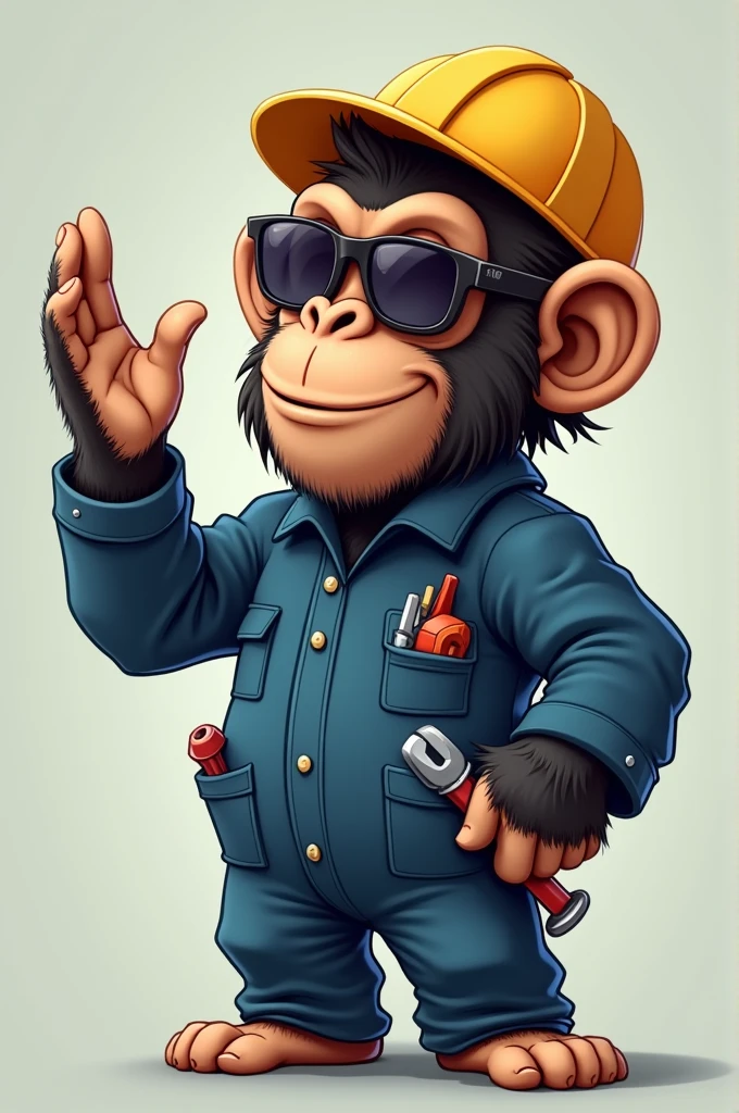 Chimpanzee wearing mechanic suit, may be a boiler suit, sunglass in eyes one hand waving at us,
the other hand is holding a tool.
Some tools are peeking out of his pockets.
His name is Gribo the Chimp.
A cartoon image
An adult chimp