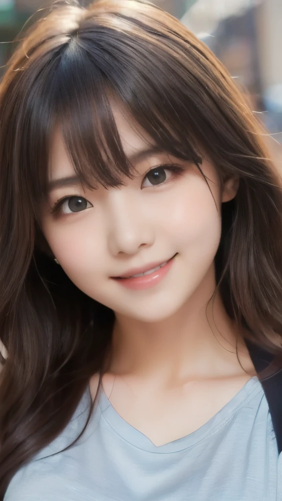 8k,Highest quality,(masterpiece:1.2),(Realistic),(Realistic:1.37),Ultra-high resolution,1 female college student,Long Wavy Hair,smile,Beautiful Eyes,Beautiful teeth alignment, In town,(((T-Shirts))),Big Breasts,Perfect body,Perfect Fingers,Professional Lighting,gravure,Detailed face and skin texture,fine grain,RAW Photos