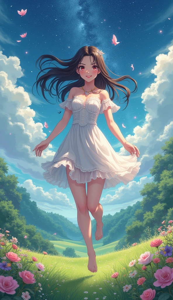(masterpiece、Highest quality、8k、High resolution)、1 female、Beautiful eyes with slit length、Cute lips、Beautiful Nose、Brownish black hair、smile、(Best anime girl)、Green grassland with forest view、Walking,(Barefoot, off the ground, flying, running, high, high),Fantasy art,Colorful flowers blooming in the field,A bright night with the stars clearly visible、milky way、(Mysterious light particles from the whole body、Colorful light particles)、jewelry、necklace、White lace dress、(Beautiful full body style)、Highly detailed anime art、A complete portrayal、