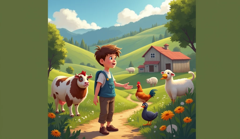 In a small village surrounded by green fields and hills, There lived a boy named Lucas. Lucas had a farm full of animals: chickens, cows, sheep, A duck and a cat called Meow. Every day, Lucas woke up with the rooster's crow, Cricket!, and with a smile on the face, He ran to the farm to take care of his little animals..