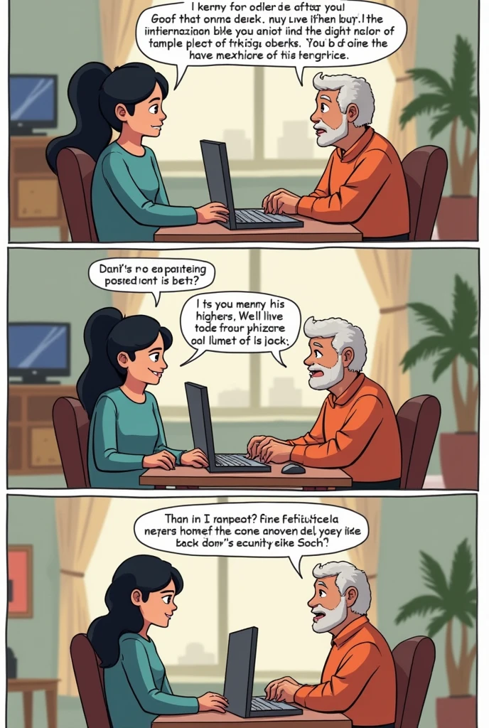 Clear English subtitle with back and forth conversation and separate dialogue bubble Comic Strip 1: *The Online Security Debate*

*Panel 1:*
- *Setting:* A cozy living room with a TV in the background. 
- *Characters:* A young adult (Digital Native) and an older adult (Digital Immigrant).
- *Dialogue:* 
  - Digital Immigrant: "I got an email saying I won a prize! Should I click the link?"
  - Digital Native: "No! It’s a phishing scam! You could get hacked."

*Panel 2:*
- *Setting:* The young adult is sitting at a computer desk, frustrated.
- *Characters:* Same as the first panel.
- *Dialogue:* 
  - Digital Immigrant: "But how can you tell? It looks so real!"
  - Digital Native: "The URL is suspicious, and they’re asking for personal information. Always check before you click anything."

*Panel 3:*
- *Setting:* The older adult now looking bewildered, holding a smartphone.
- *Characters:* Same as before.
- *Dialogue:*
  - Digital Immigrant: "This is too complicated! Back in my day, we just trusted what was in our mail."
  - Digital Native: "Times have changed. Online safety is a must now!"