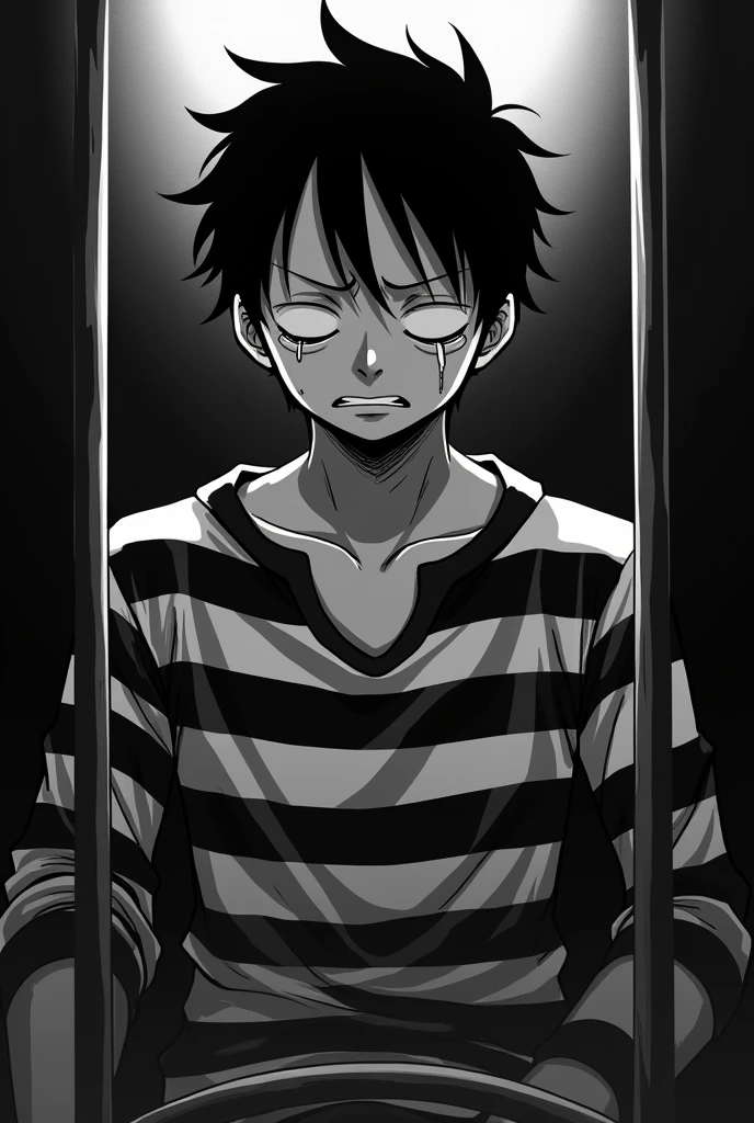Monkey D. Luffy in a black and white striped long sleeve prison uniform with his eyes closed teary and crying inside a jail
