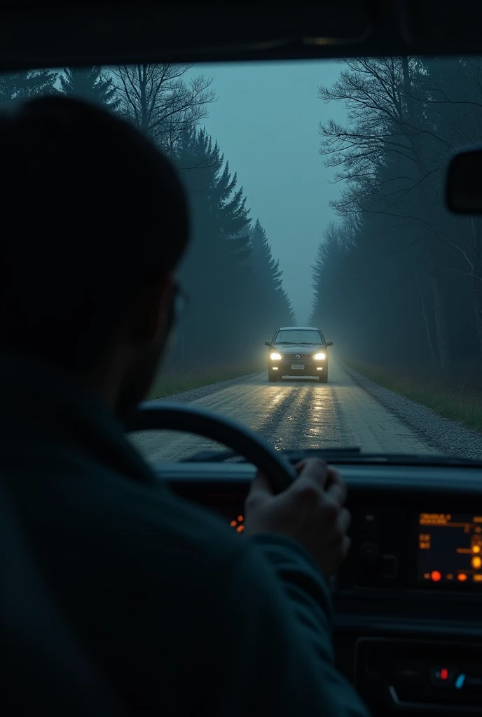 Narration/Visual: The protagonist expresses their anxiety about driving at night and the urgency to take the old country road.Image Prompt: A dark, deserted country road at night, lined with dense trees. The road is narrow, with the car's headlights barely illuminating the path ahead.
