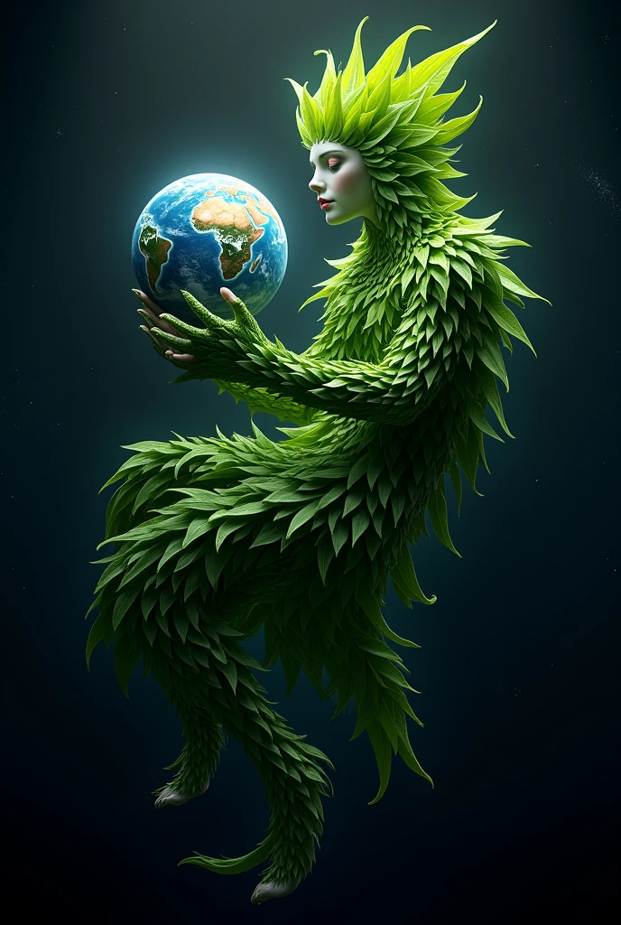 Images of a person made of plant leaves holding the planet in space

