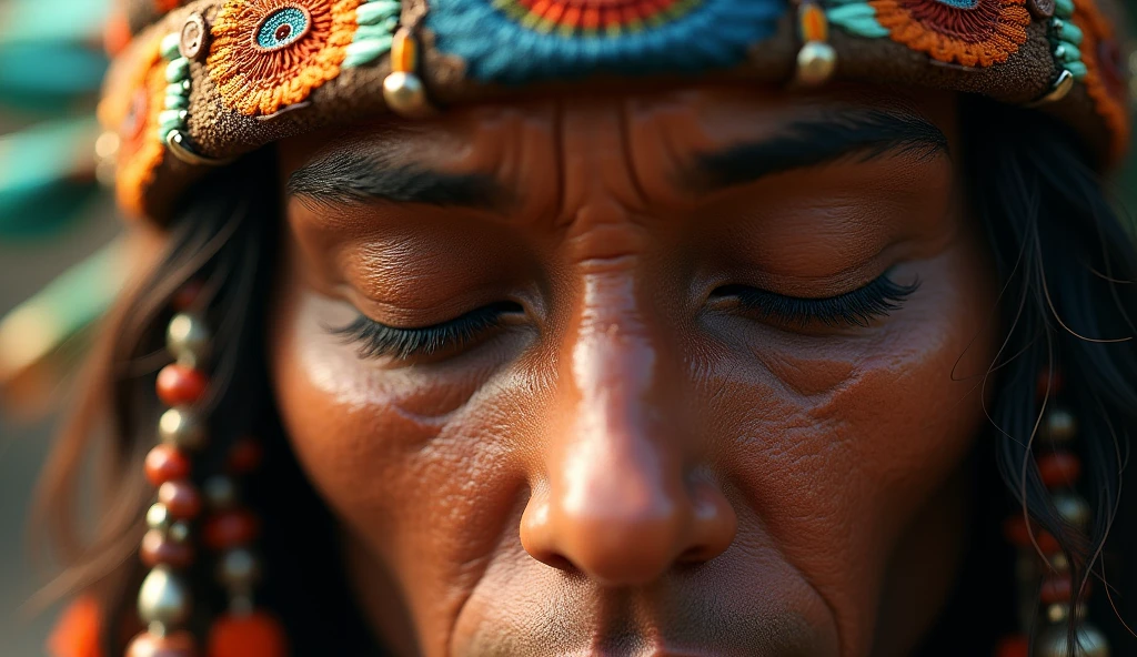 close up of a pair of closed eyes of an Indian shaman with feathers on his head in 3D image