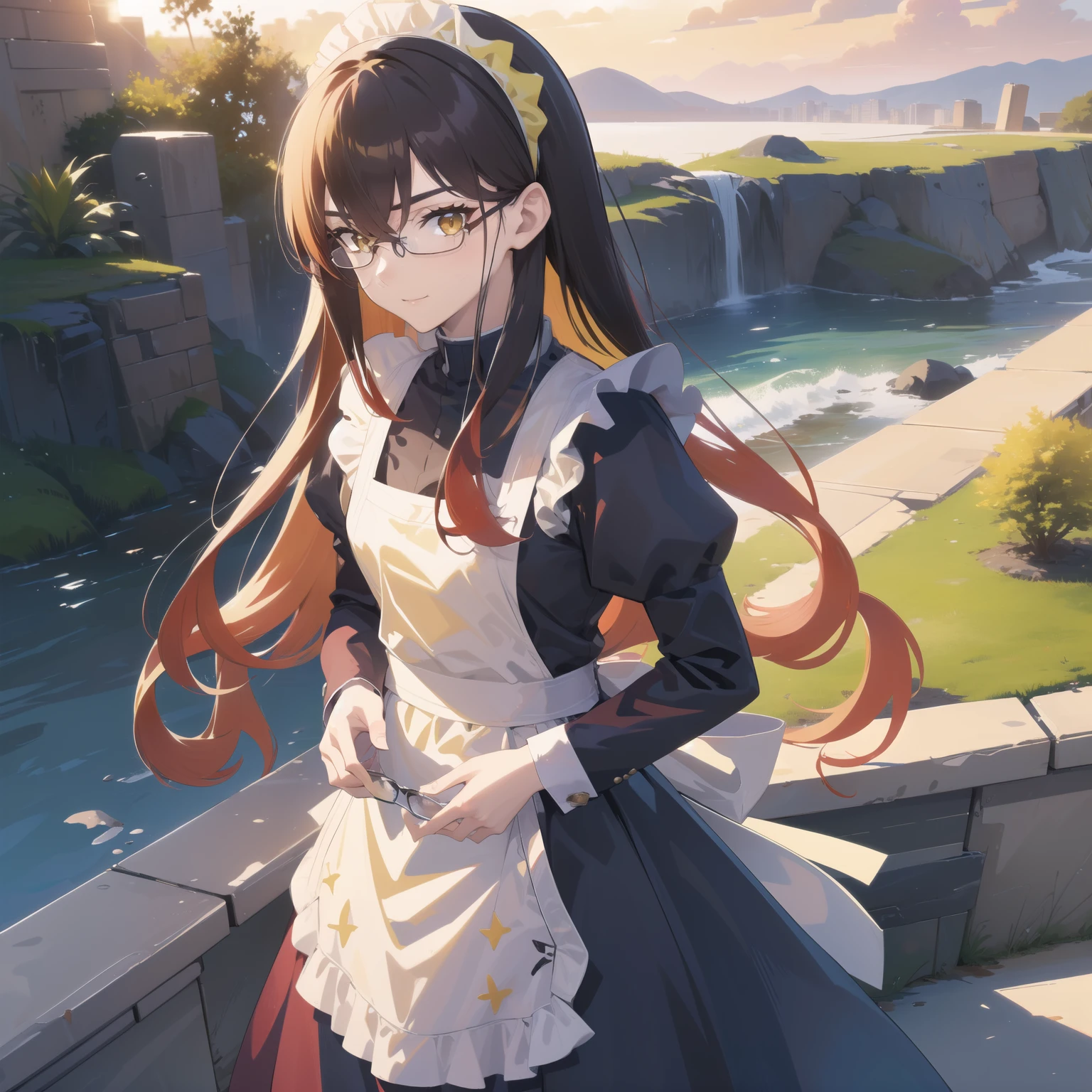pokemoncarmine, pokemoncarmine, black hair, colored inner hair, crossed bangs, hair between eyes, hairband, long hair, multicolored hair, red hair, sidelocks, two-tone hair, (yellow eyes:1.5), yellow hairband, open mouth, smile,
BREAK long sleeves, {maid:1.40}, {maid_dress:1.15}, frilled apron, ((glasses)),
BREAK looking at viewer, upper body, full body, (cowboy shot:1.5),
BREAK outdoors, nature, sun, sky, ((midday)),
BREAK (masterpiece:1.2), best quality, high resolution, unity 8k wallpaper, (illustration:0.8), (beautiful detailed eyes:1.6), extremely detailed face, perfect lighting, extremely detailed CG, (perfect hands, perfect anatomy),
