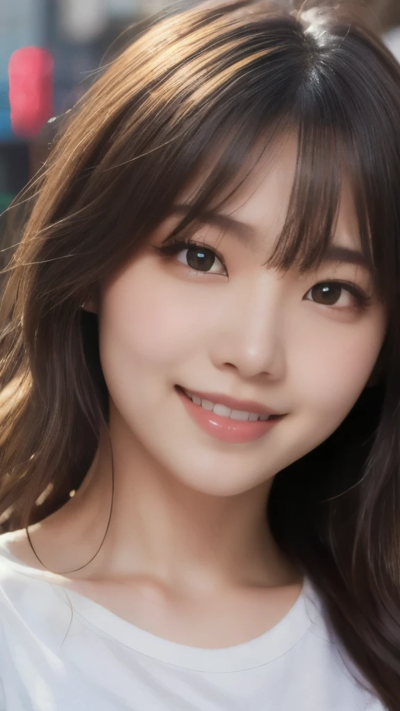 8k,Highest quality,(masterpiece:1.2),(Realistic),(Realistic:1.37),Ultra-high resolution,1 female college student,smile,Long Wavy Hair,Beautiful Eyes,Beautiful teeth alignment, In town,(((T-Shirts))),Big Breasts,Perfect body,Perfect Fingers,Professional Lighting,gravure,Detailed face and skin texture,fine grain,RAW Photos