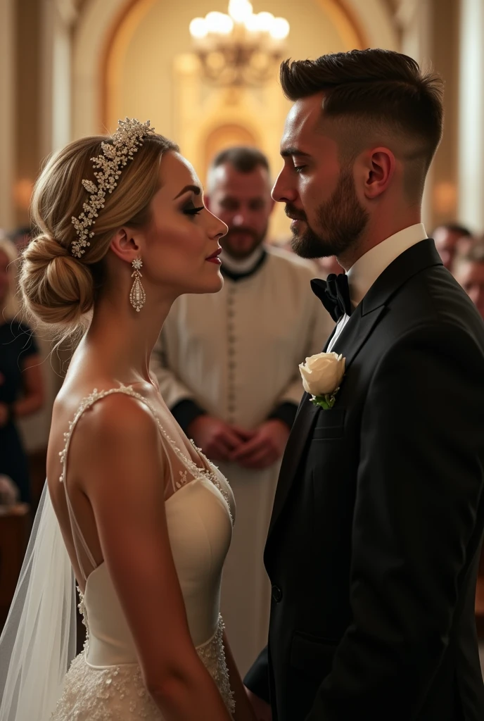 Cover for romantic novel where beautiful bride and groom positioned at the center, in front of Priest in beautiful and elegant church with soft lighting and full off guests. They don't holding hands. Cinematic action scene, highly detailed, wide shot, Low Angle Shot, 4K, highly detailed, epic scene, dynamic scene. The Priest stands between the bride and groom, reciting vows. MALEFICENT DANICA, an elegant bride in her 30s. The woman appears elegant and romantic. Her hair is styled in an updo, with her blonde or light brown hair gathered at the back of her head. A decorative hair accessory, resembling a floral or jeweled headband, adorns her hairstyle. She wearing a luxury wedding, as her shoulders and upper chest are bare. The woman is wearing earrings that appear to be dangling or drop-style, adding to her sophisticated look. Her makeup is noticeable but elegant, with what appears to be darker eye makeup enhancing her eyes. Her facial expression is soft but tense. Her eyes are nearly closed, and her lips are slightly parted, conveying a sense of emotional anticipation. PEYGAN SINCLAIR, a handsome man in his early 30s. The man looks elegant and stylish. He has dark hair, neatly styled. The haircut is short, with longer hair on top brushed back. The man's face features a well-groomed beard and mustache that accentuate his facial features. He is dressed in a classic black suit with a white shirt and bow tie. His facial expression is calm and focused. His eyes are nearly closed. Overall, the man gives the impression of an elegant, well-groomed, and confident person. The lighting in the scene creates a soft outline of their profile, adding drama and depth to the image. The bride and the grom not in love