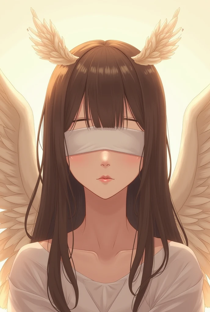 A seraphim with very straight long brown hair, bangss, and blindfolded anime style, asas on the head