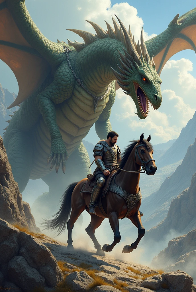 Male gender person, riding on a horse, warrior, fighting a dragon