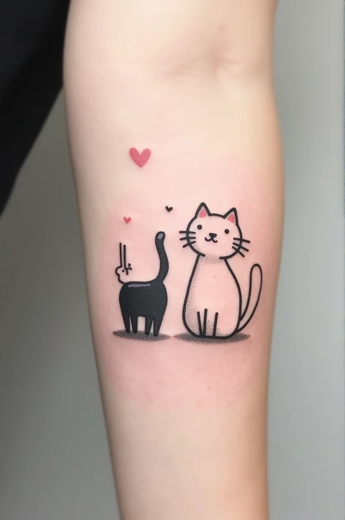 Simple tattoo of two cats, in black and white far apart from each other with an anime fantasy look 