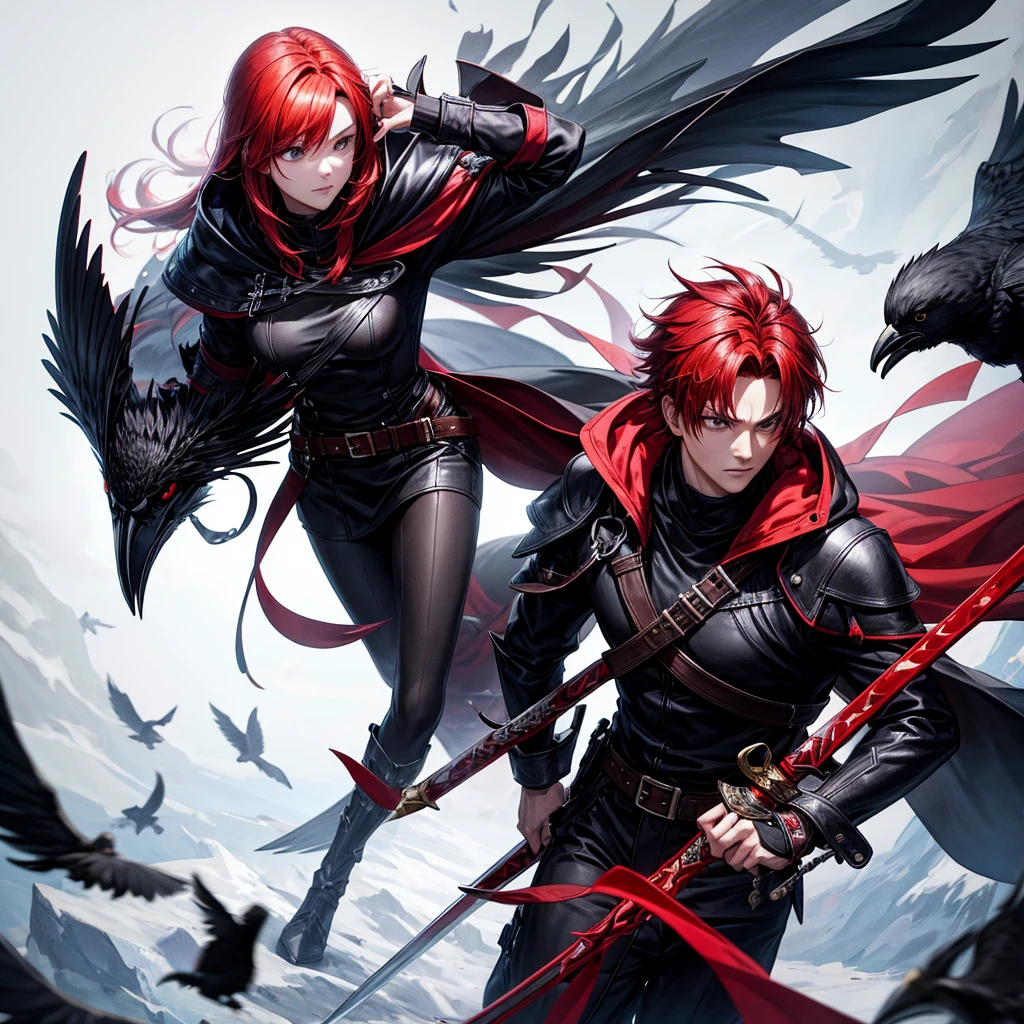 cool、Cool vibe、Red hair、Black coat、Legendary Sword、1 male、Crow on the shoulder、High resolution