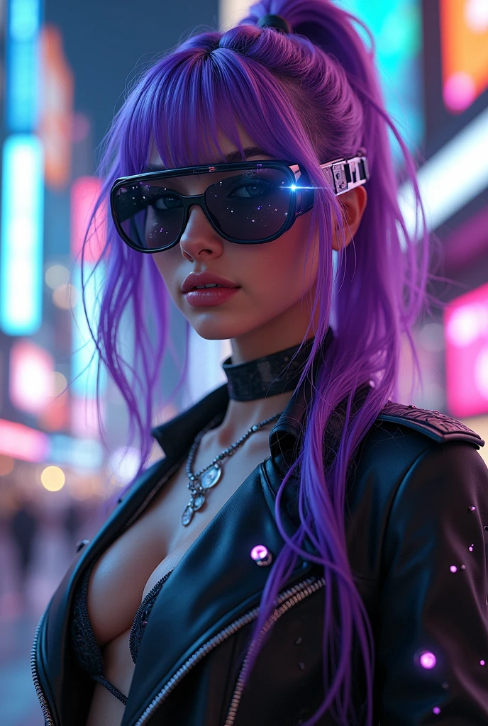 An elegant cyberpunk girl with flowing purple hair, augmented reality glasses, and a chic, high-fashion outfit featuring light-up elements, amidst a backdrop of neon billboards and holograms."