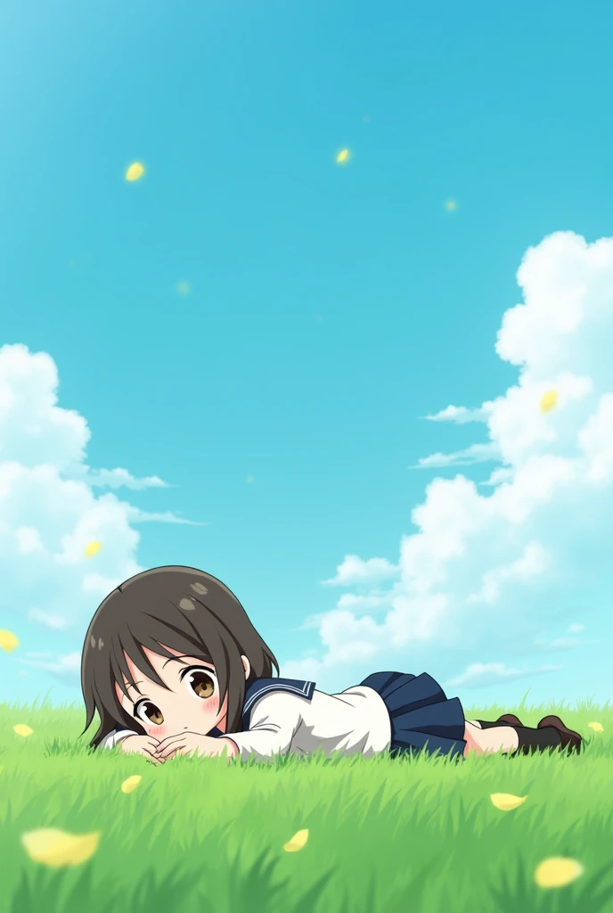 Anime girl in school uniform lying on her stomach on the grass