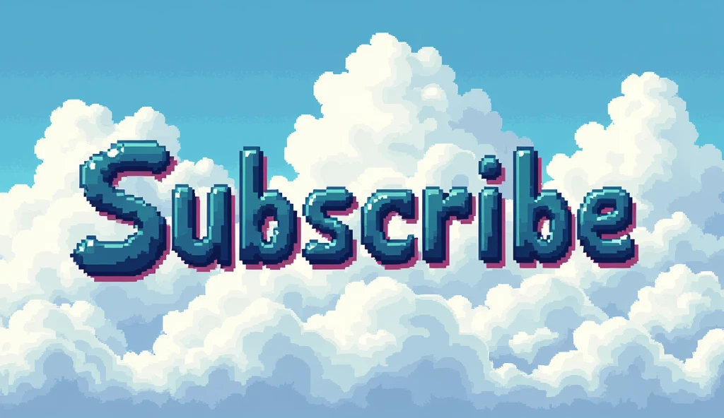 Pixel art writing mid size subscribe with stylish robotic font and with a sky background with clouds
