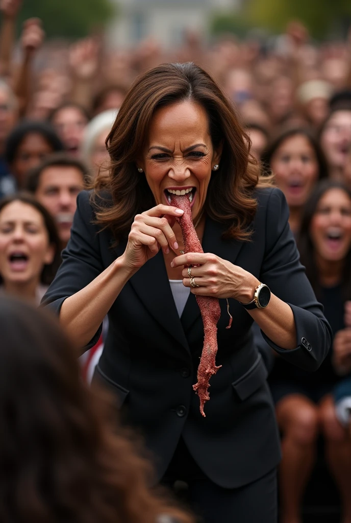 a realistic but dramatized photograph of Kamala Harris angrily chewing a severed baby leg while surrounded by hundreds of social justice warriors rabidly cheering her on. 