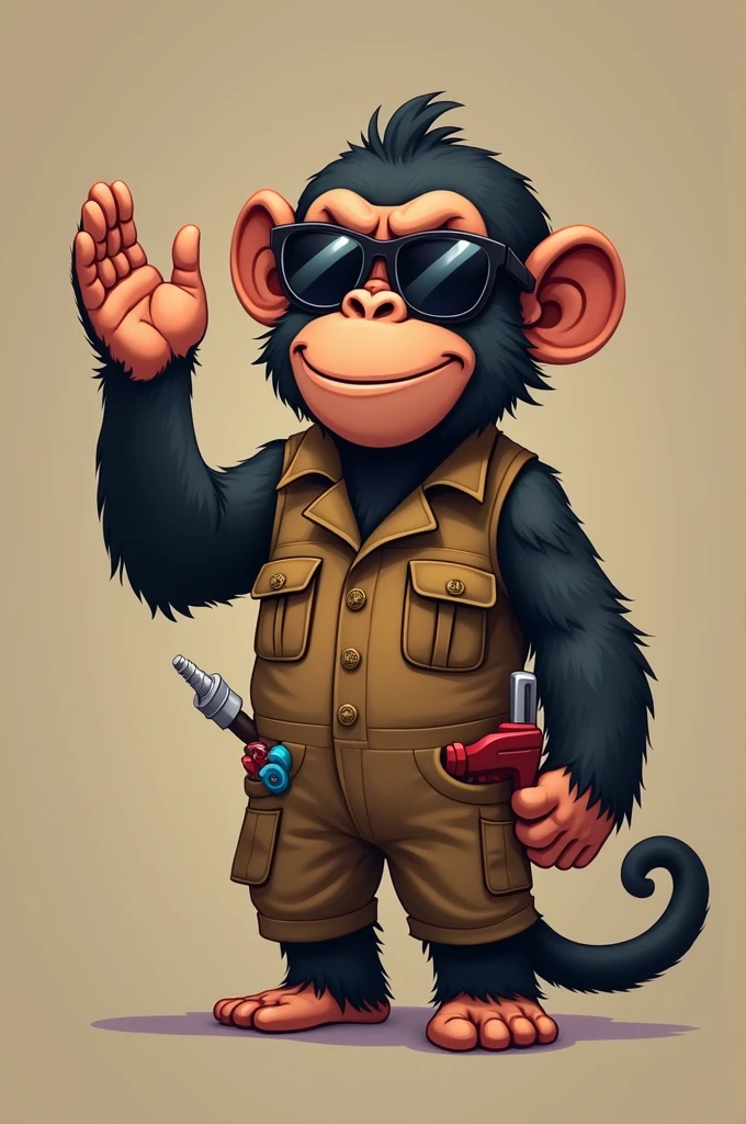 Chimpanzee wearing mechanic suit, may be a boiler suit, sunglass in eyes one hand waving at us, 
the other hand is holding a tool. 
Some tools are peeking out of his pockets. 
His name is Gribo the Chimp. 
A cartoon image
An adult chimp