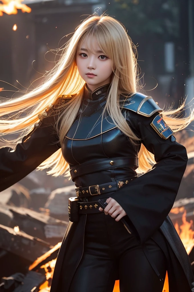 **prompt:**
A beautiful Japanese girl、Standing against a fiery background。Her eyes are a clear blue、The makeup around the eyes is a little bold.。Her long blonde hair sparkles in the light、It looks like it's fluttering in the wind。The costumes have a futuristic design.、Made of glossy white material、Exposed skin a lot、Enhances sexiness。The arm is equipped with a mechanical accessory.、He has a big weapon in his hand。The pose is full of strength and confidence.、Stand with your legs slightly apart、Staring straight at the camera。As a photographic technique、It was shot in portrait mode.、A shallow depth of field is used to bring out the details in the subject.。Strong contrast between light and shadow、The light from the fire dramatically illuminates her outfit and hair.。The background is blurry、The floating light particles create a fantastic atmosphere.。Ultra-realistic photo-like texture、Every detail is clearly visible。