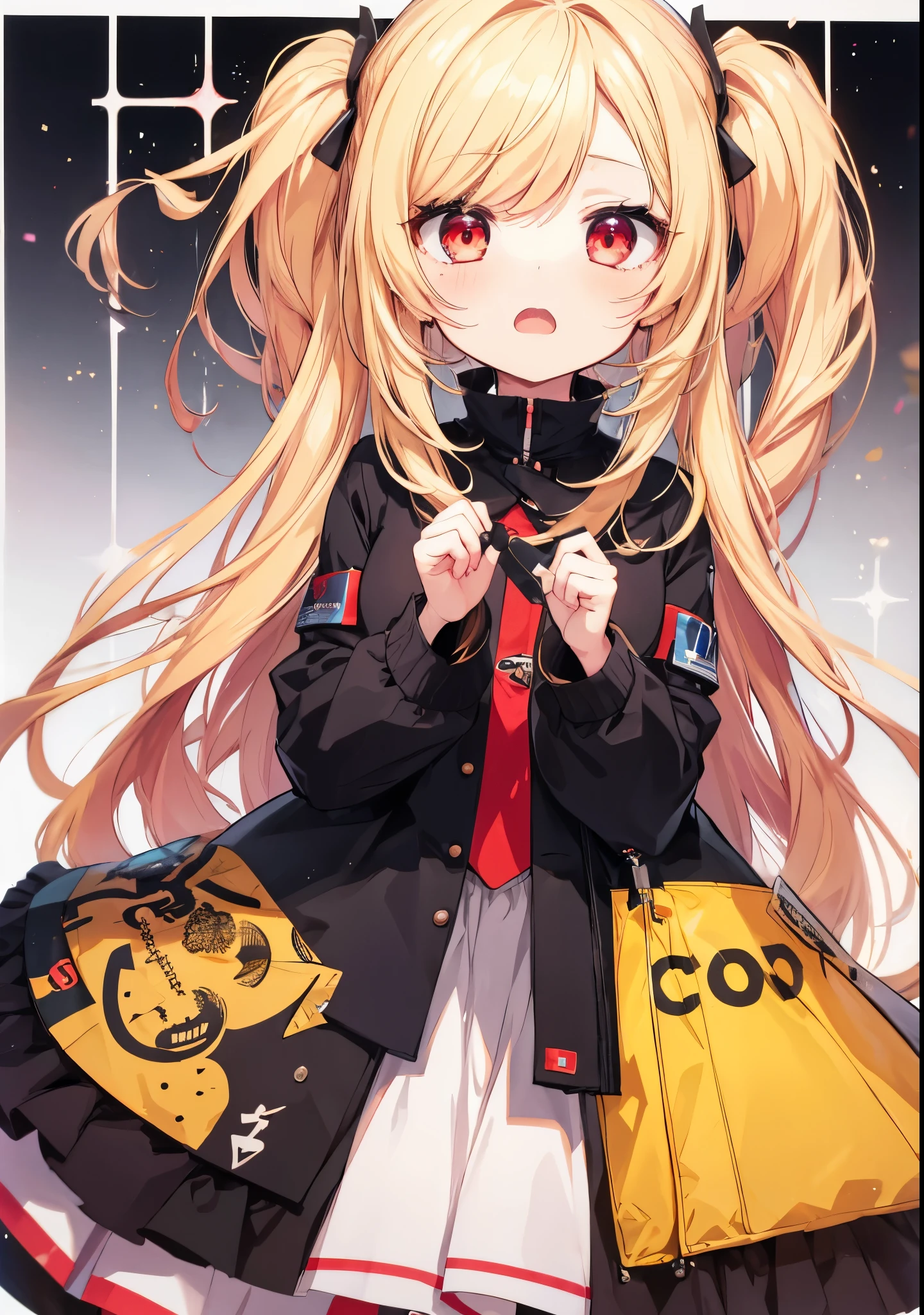 One girl, idol-like anime character, blond twin-tail hair, big mouth, burning eyes, strong eyes, screaming, looking up, barking alone, screaming but cute face, girlish fashion, bright expression, blond twin-tail hair, fall clothes, pants, focus on face, front view, red eyes Description: two hands, five fingers, no shadow on background, high resolution