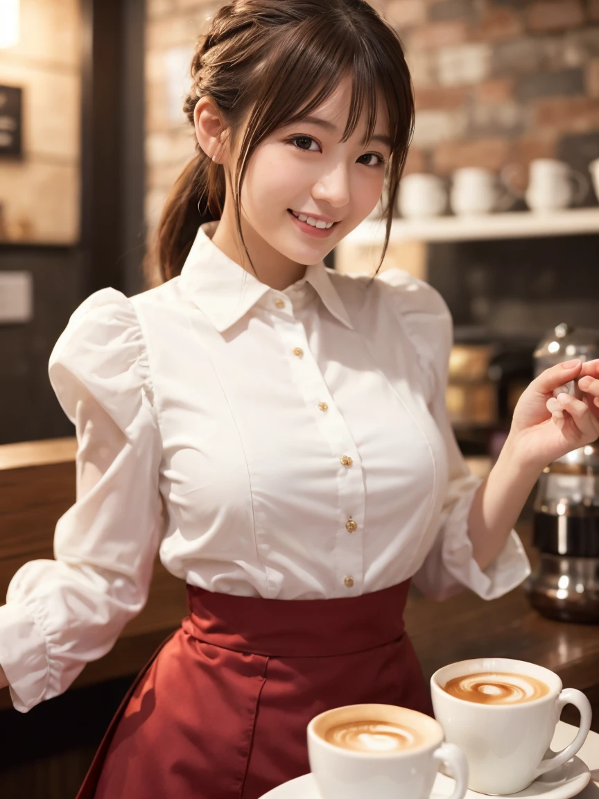 1 girl、(RAW Photos、Highest quality)、(Real、フォトReal:1.4)、Tabletop、Very delicate and beautiful、Very detailed、2k wallpaper、wonderful、Detailed、Very detailedCG Unity 8k壁紙、Super detailed、1、High resolution、((Red waitress outfit))、Pleated skirt、Elegant skirt、Big Breasts、Frills、ribbon、Soft Light、Beautiful detailed girl、Puff sleeves、Cafeのウエイトレス、smile、Happy Face、Cafe、coffee shop、Latte Art