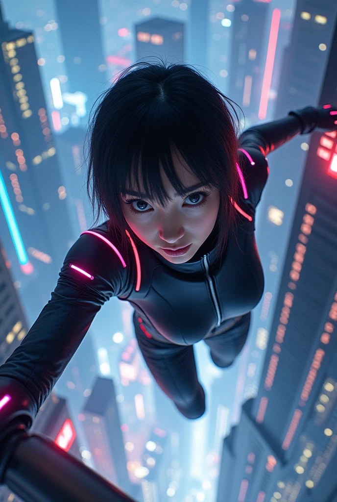 panoramic dynamic photograph of mokoto kusanagi wearing a high-tech armor nanosuit with neon details, elegant and simple but very technological she is plummeting from the top of a building in a futuristic city with high-tech skyscrapers, she is in the foreground head shot, the perspective of the shot shows an incredible background of a city with cutting-edge technology and many neon lights, which gives it a touch of avant-garde tenxion and an atmosphere of dynamic action with Kusanagui commokoto falling from the top of a building