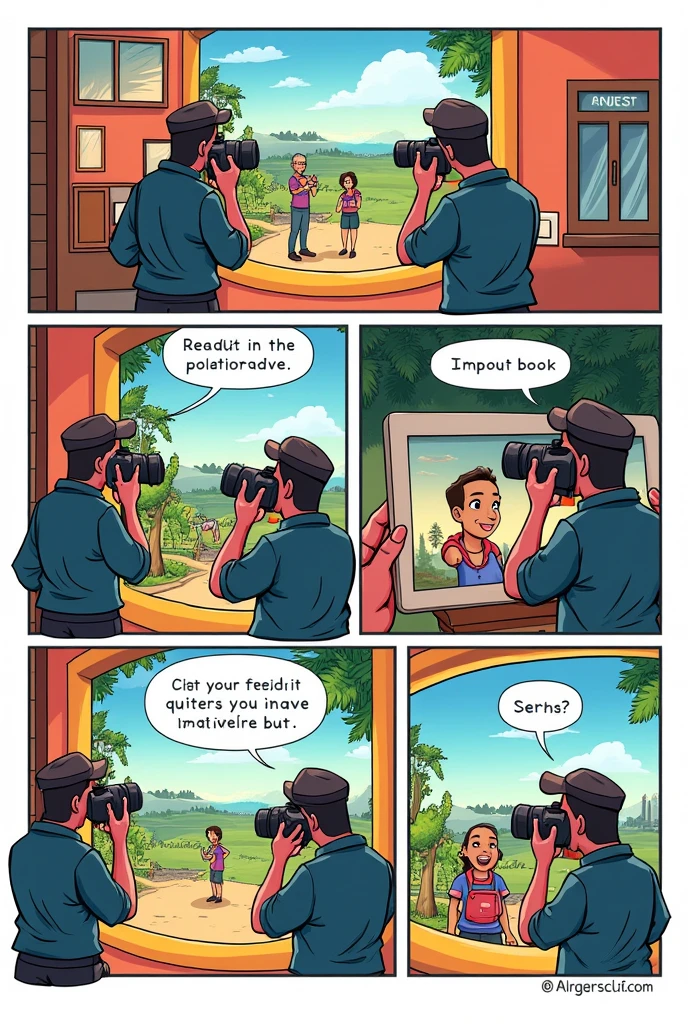 Make a comic strip
Input: Subject to be photographed, camera settings
Process: Camera captures image
Output: Photo file