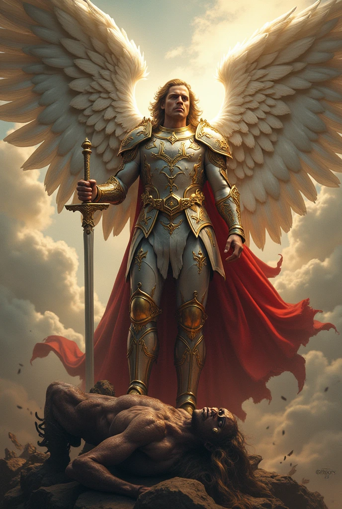 Image portrait Saint Michael the Archangel stepping on Satan unrealistic 