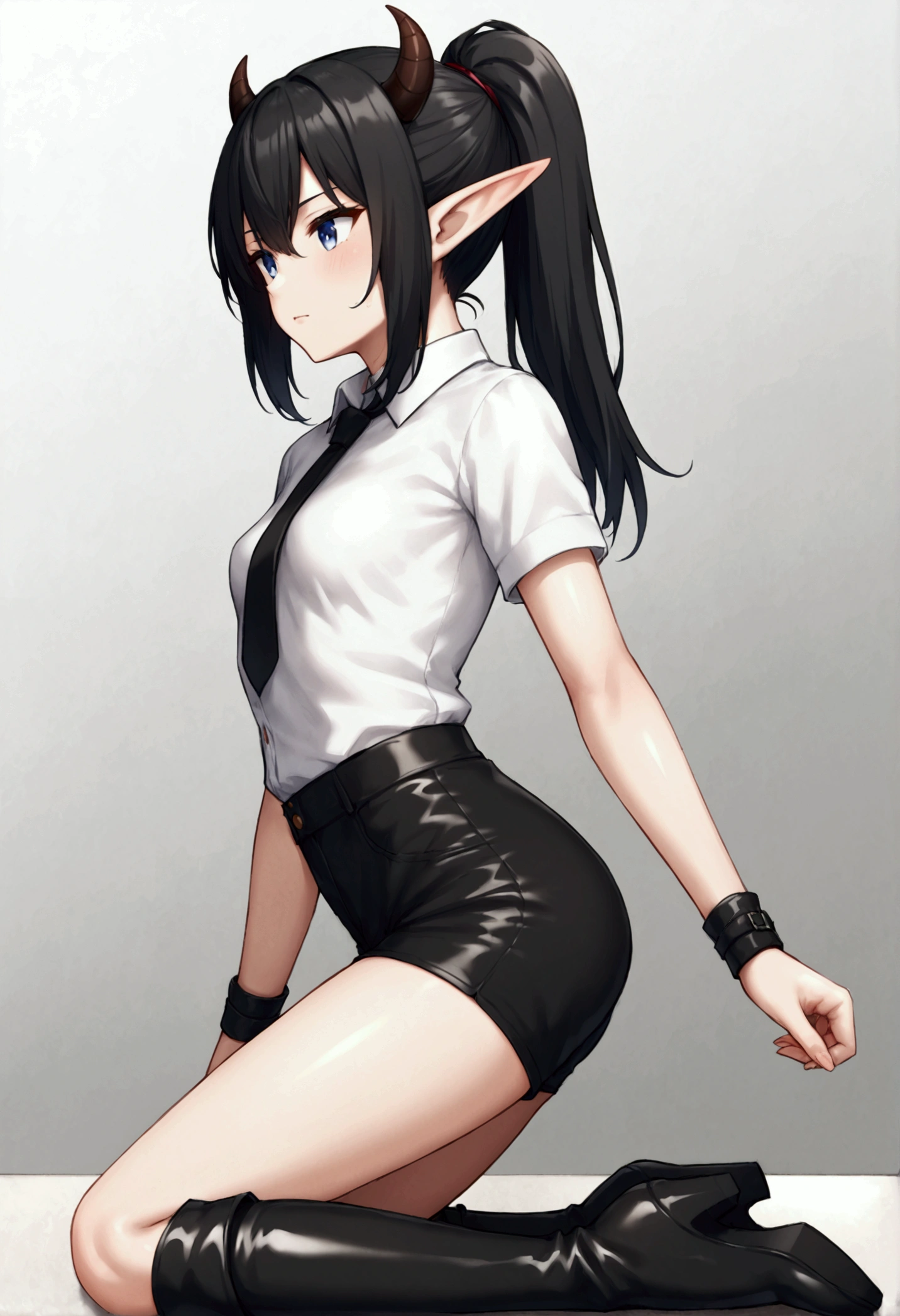 A female Elf with small breasts and two horns and black hair ponytail wearing a black short sleeve shirt with black shorts with black thigh high socks and black boots with black wrist wraps