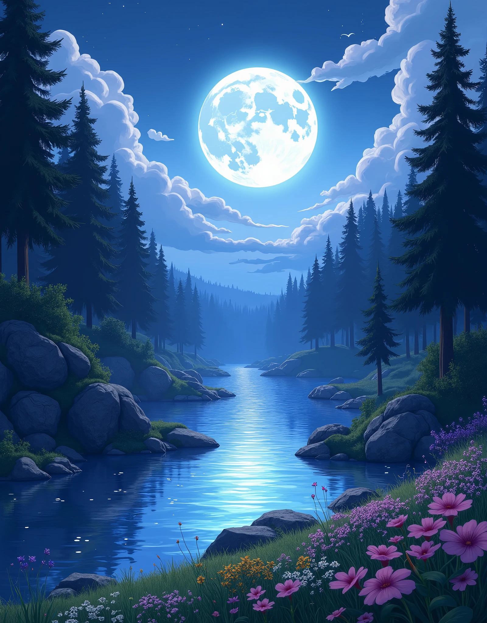 Create a highly detailed anime-style illustration of a breathtaking nighttime landscape featuring a serene river flowing through a forested valley under a glowing full moon. The moon is full and luminous, casting a gentle, silvery light across the water, creating a shimmering path of reflections that stretches from the foreground to the distant horizon. The sky is deep blue with clusters of stars scattered across it, and wispy clouds partially veil the moon, adding a dreamy, mystical atmosphere to the scene.

On either side of the river, tall, dark silhouettes of pine trees rise against the night sky, their shapes framing the composition. The rocky cliffs along the riverbank are bathed in soft moonlight, revealing textures of the stone and shadows that add depth to the landscape. In the foreground, a meadow is adorned with vibrant wildflowers in shades of pink, purple, and yellow, their colors subtly illuminated by the moon's glow. Some of the flowers are swaying gently in a light breeze, creating a sense of motion and life.

Capture the ethereal mood of a quiet, moonlit night in nature, where the beauty of the landscape is enhanced by the calming sound of water flowing and leaves rustling. Use a color palette rich in deep blues, soft purples, and silver accents, with highlights of the flowers' bright colors. The overall scene should evoke feelings of tranquility, wonder, and a connection to the serene beauty of the natural world.