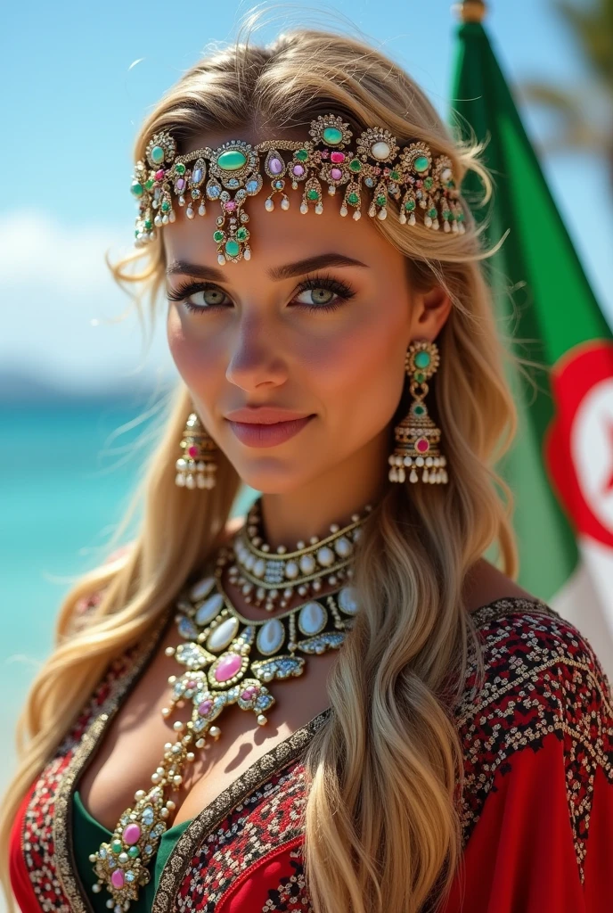 Close up, blonde, fat, woman, wearing, Kabyle, Berber, Amazigh, holding, Algeria flag, Bijou, Kabyle dress, attractive, high resolution, best, Ouadda, Amazigh costume, beautiful blue beach background.