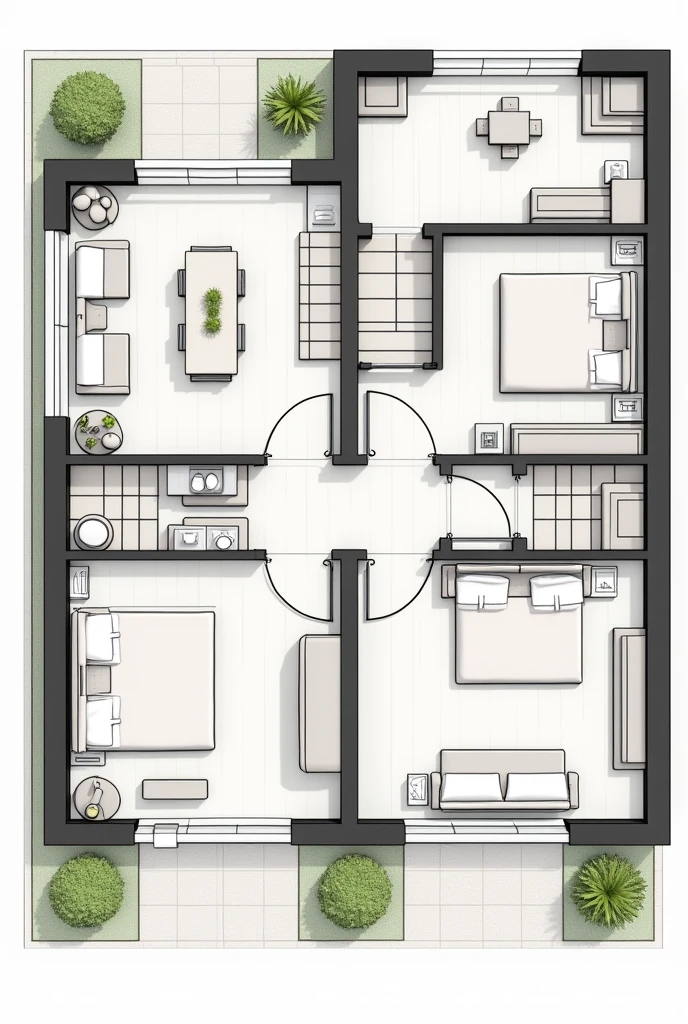 Generate a detailed architectural floor plan for a duplex house in Australian townhouse style. The building should have two levels (Ground + 1). The ground floor should include an open-plan living and dining area, a modern kitchen, a bathroom, and a patio area. The first floor should include four bedrooms, two bathrooms (one en-suite for the master bedroom) and a small balcony. The design should incorporate clean, modern lines with a focus on functionality and space optimization, reflecting the classic yet contemporary Australian townhouse aesthetic."
