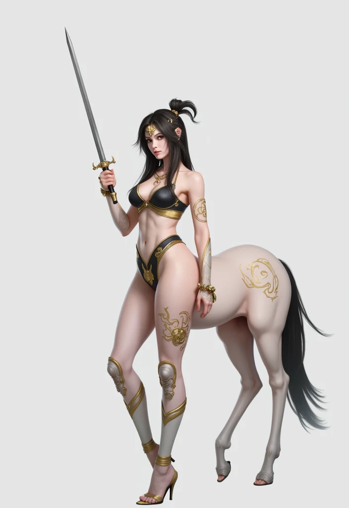 masterpiece,(Best quality:1.3),Centaur girl,lora:Centaur girlV1.0:0.6,(Icefield:1.3),(Head and body 1：9：1.3)Nine-head body，Holding a three-pointed two-edged knife，Ancient mythology character Erlang Shen costume，（cos Jiro God）（Refer to Jiao Enjun&#39;s Erlang Shen costume）（Golden pattern kneepads，Elbow pads，Wristband，Golden Boot，）（Golden pattern saddle）Horse&#39;s body full of golden ancient Chinese armor，Golden headdress，Elegant, beautiful and elegant，All four legs are the same thickness，Ancient Chinese warframe，Mythological Characters Costumes，Background of the picture: Ancient Chinese Heavenly Palace，Mythology Background，Luck is surrounded by colorful clouds，Smooth skin，Black Hair，Perfect facial features，Full breasts，(Leather belt bracelet neck: 1.4)，(White crystal high heels: 1.6)，Fair and translucent skin，Pale skin，Peach-like skin，The milky white porcelain skin of the eggs