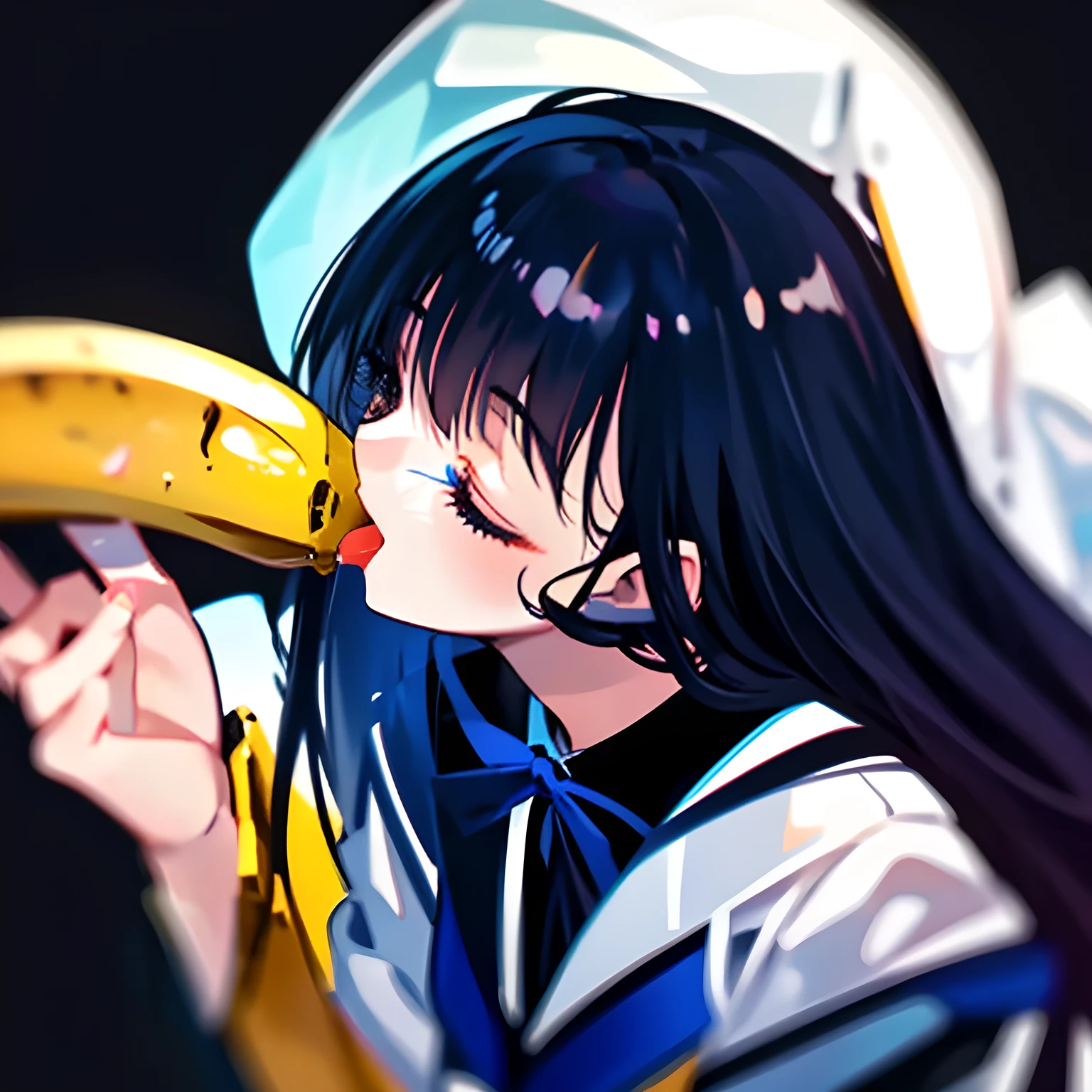 （highest quality, masterpiece, high resolution, high detail), Solo girl, Solo thin long banana from the bottom, A female wearing black school uniform is kissing at the top of a long banana with her tongue with her face down, Face down, (Black school uniform: 1.0), Glossy atmosphere, Glossy look, Beautiful straight blue long hair, Closed eyes with long eye-blows, (Female kisses deeply the banana with tongue, covers it, holds it and looks at it), (The lips are touch the banana tightly), (Shot from the side), (Nothing on the black background)