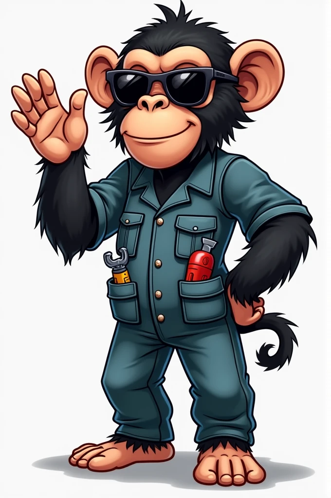 Chimpanzee wearing mechanic suit, may be a boiler suit, sunglass in eyes one hand waving at us,
the other hand is holding a tool.
Some tools are peeking out of his pockets.
His name is Gribo the Chimp.
A cartoon image
An adult chimp