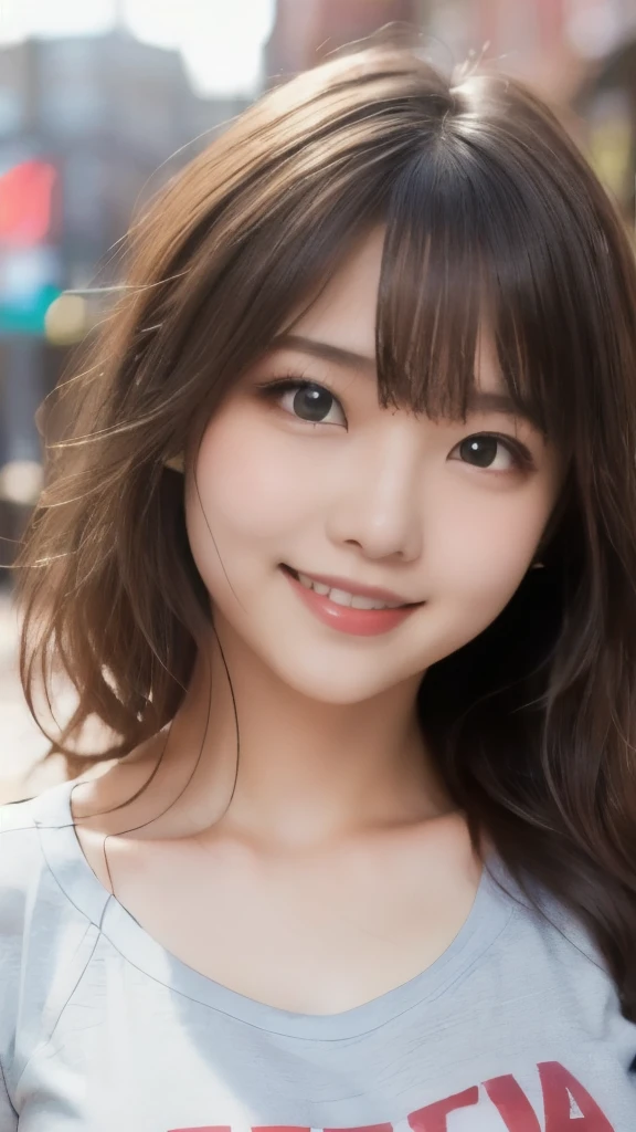 8k,Highest quality,(masterpiece:1.2),(Realistic),(Realistic:1.37),Ultra-high resolution,1 female college student,Long Wavy Hair,smile,Beautiful Eyes,Beautiful teeth alignment, In town,(((T-Shirts))),Big Breasts,Perfect body,Perfect Fingers,Professional Lighting,gravure,Detailed face and skin texture,fine grain,RAW Photos