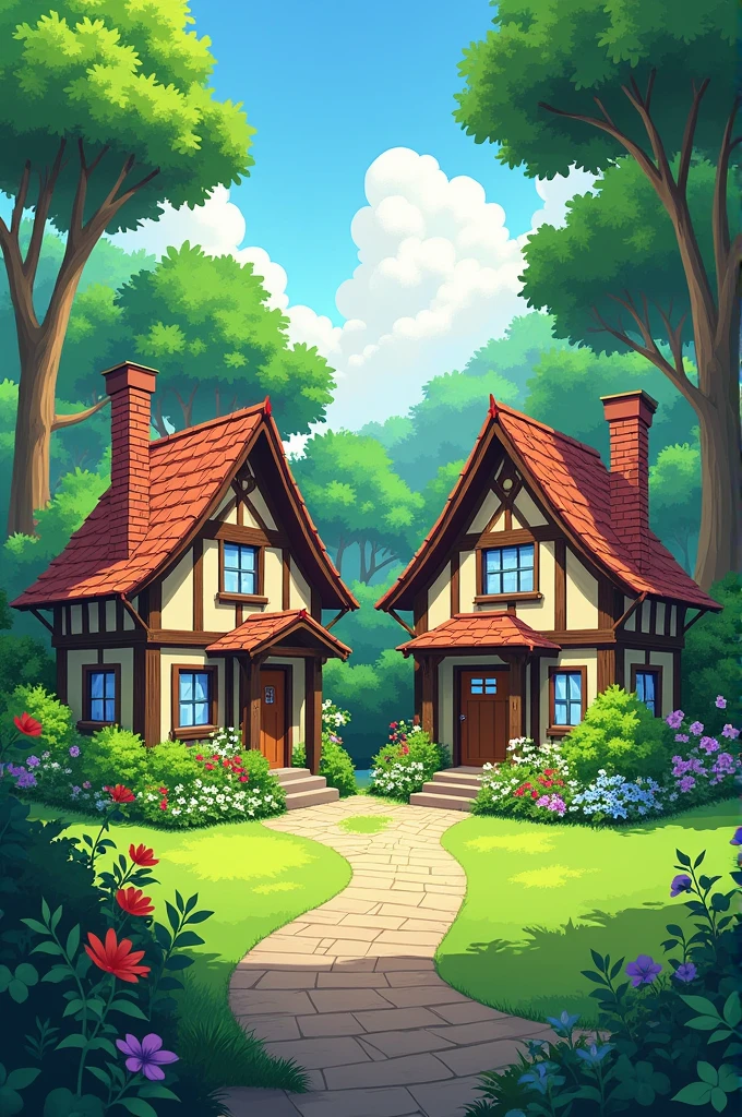Two houses side view standing in beautiful garden 