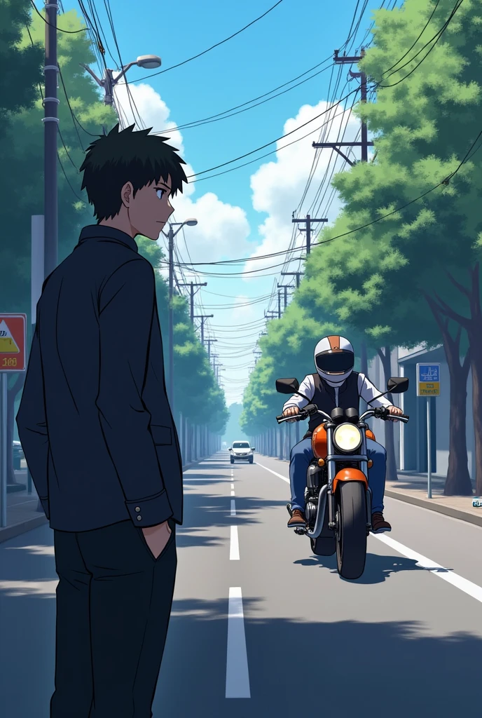 Man watching a motorcycle from afar on the other side of the street anime hd
